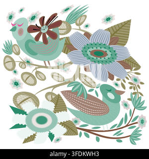 Nordic folk art vector illustration featuring cute birds, blooming flowers, and leaves in pastel green tones. Ideal for spring, nature, and textile pr Stock Vector