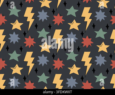 Vector seamless pattern with hand drawn comic stars and lightning in a childish style. Texture with multicolored stars on dark background for fabrics Stock Vector