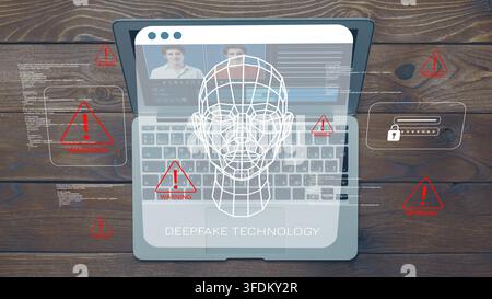 Deep fake technology displayed on a laptop screen with warnings and graphics Stock Photo