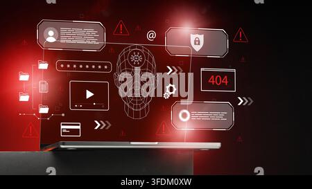Deep fake technology displayed on a laptop screen with various warning signs and digital elements Stock Photo