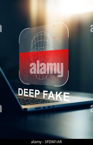 Deep fake technology displayed on a laptop screen in a dimly lit room Stock Photo