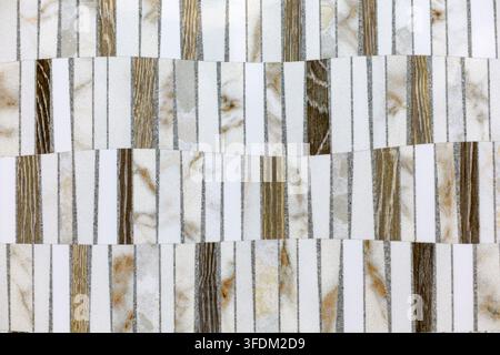 Abstract Geometric Marble and Woodgrain Strip Pattern. Abstract geometric pattern of marble and woodgrain strips in white, beige, brown, and gray Stock Photo