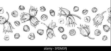 Hazel nuts horizontal seamless banner in black ink line art. Monochrome whole and broken hazelnut pattern vector isolated illustration. Stock Vector