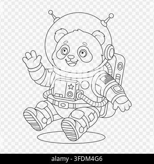 Cute line art vector illustration of an astronaut panda waving in a space suit Stock Vector