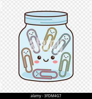 Cute glass jar with colorful paper clips vector illustration kawaii stationery element Stock Vector