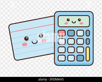 Cute blue calculator and index card vector illustration kawaii stationery element Stock Vector