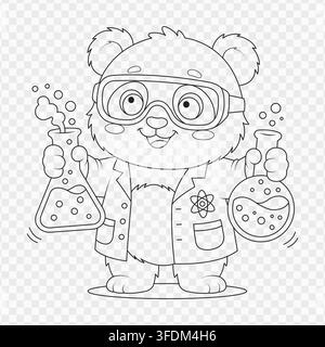 Cute line art vector illustration of a panda scientist holding chemical flasks in a lab Stock Vector