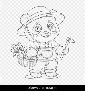 Cute line art vector illustration of a panda farmer holding a vegetable basket and a tool Stock Vector