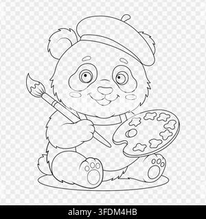 Cute line art vector illustration of an artist panda holding a paintbrush and color palette Stock Vector