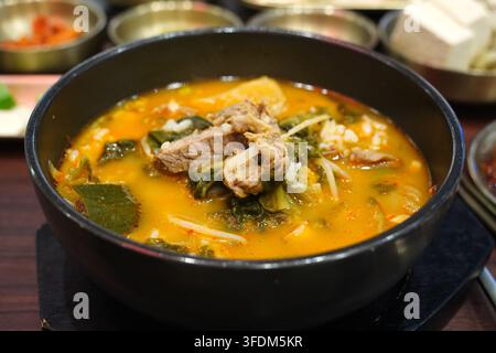 Spicy Korean beef soup with radish and napa cabbage served sizzling hot in a traditional black earthenware bowl ttukbaegi close-up Stock Photo