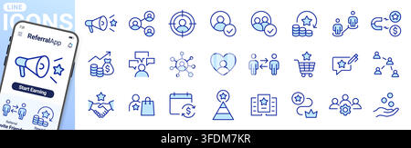 Loyalty marketing line icon set. Referral, cashback, target audience, partnership vector illustrations. Simple outline signs for customer retention Stock Vector
