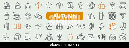 Autumn line icon set. Fall season, pumpkin, maple leaf, rain, umbrella, sweater, mushroom, apple, pie, tea candle linear minimal vector illustration Stock Vector