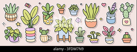 Houseplant line icon set. Aloe vera, cactus, succulent, lavender, philodendron and potted flowers linear doodle vector illustration. Cute cartoon Stock Vector