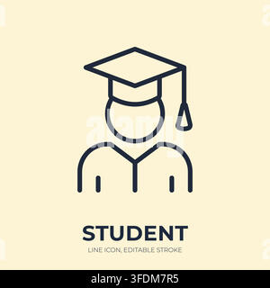 Student line icon. Graduate learner linear vector illustration. Thin sign of person wearing academic cap for education, university, college Stock Vector
