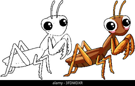 A brown cartoon praying mantis stands beside its black and white line art outline version Stock Vector