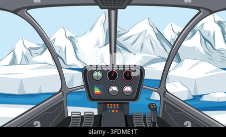 Vector illustration of a pilot's perspective flying over frozen polar landscapes and snowy peaks. Stock Vector
