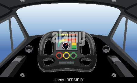 Flat vector art of a race car dashboard with digital display and steering wheel. Stock Vector