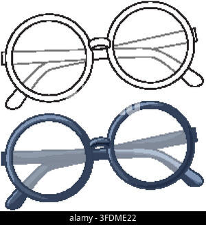 Two pairs of circular frame glasses presented in black outline and flat color vector styles. Stock Vector