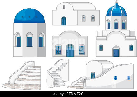 Flat vector collection of white Mediterranean buildings with blue domes, doors, and stone staircases. Stock Vector