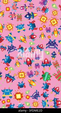 Seamless pixel art pattern of colorful arcade spaceships and aliens on a pink background. Stock Vector
