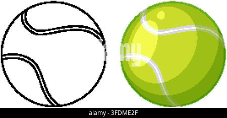 Two tennis ball icons presented as a black line drawing and a vibrant green graphic. Stock Vector