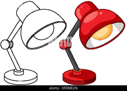 Adjustable red desk lamp vector illustration beside a black and white line art coloring version. Stock Vector