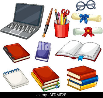 A collection of school supplies, books, laptop, and stationery items in a clean vector style. Stock Vector