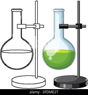 Scientific round bottom flask with green liquid on a metal stand in color and outline. Stock Vector