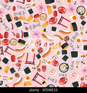 Flat vector illustration of sushi, ramen, and cultural icons arranged in a repeating pattern. Stock Vector