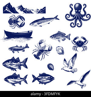 Retro engraved nautical elements set, monochrome vector illustration. collection is perfect for logo design, seafood packaging, coastal decor, stencil Stock Vector