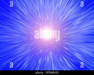 A dynamic abstract image featuring a radiant white and purple light source at the center with blue streaks emanating outward, creating a sense of moti Stock Photo