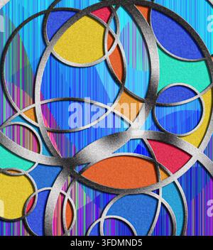 A vibrant abstract illustration featuring overlapping colored circles with textured fills and metallic outlines against a striped, multicolored backgr Stock Photo