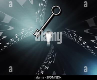 A conceptual digital artwork depicting a metallic key approaching a glowing keyhole surrounded by flowing binary code, symbolizing security, access, a Stock Photo