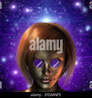 Digital art of a woman with circuit board texture on her face, wearing purple-tinted round glasses, against a glowing purple background with electroni Stock Photo