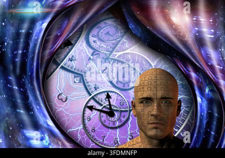 Surreal digital artwork featuring a human head composed of puzzle pieces with detailed eyes, set against a cosmic background with spiral clocks and el Stock Photo