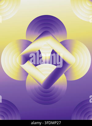 Modern abstract composition featuring concentric circles and a central square frame with a smooth purple and yellow gradient, creating a futuristic 3D Stock Vector