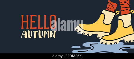 Hello autumn rain boots in puddle flat vector banner for cozy design Stock Vector