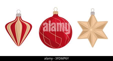 Classic red and gold Christmas baubles set flat vector for festive design Stock Vector