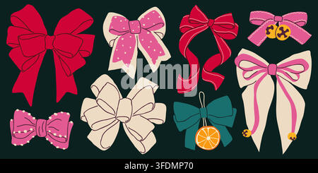Christmas decorative bows with bells on dark background hand drawn vector set for seasonal greeting card Stock Vector
