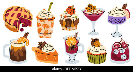 Cozy autumn warm drinks and pastries doodle vector menu set Stock Vector