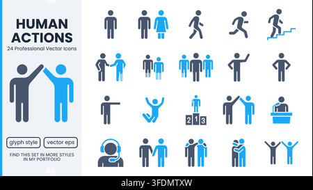 People glyph icon set. Person walking, running, happy man, company leader success, friends hugs, team group, family, climb stairs flat pictogram Stock Vector