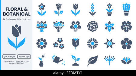 Flower, gardening glyph icon set. Rose, tulip, fruit bouquet, spring blossom, cactus, lavender, watering can, sprout. Simple flat signs for florist Stock Vector