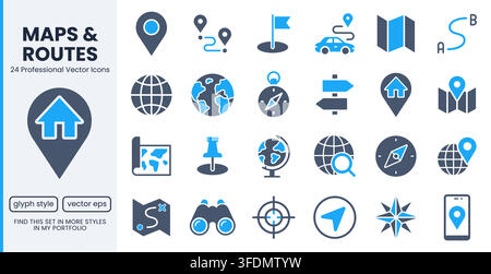 Location glyph icon set. Compass, travel, globe, map, geography, earth, distance, proximity minimal vector illustration. Simple flat sign for Stock Vector