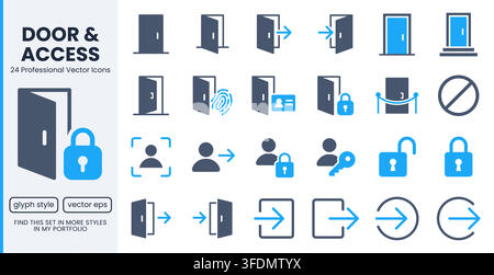 Open door glyph icon set. Login, logout, register, password, face recognition, key lock, exit minimal vector illustrations. Simple flat signs for Stock Vector