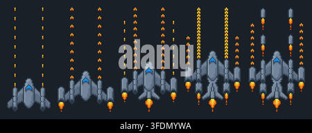 Pixel art space video game arcade elements. Pixelated vintage computer gaming spaceships with laser, spacecraft battle in galaxy, mobile games ui design icons in 8bit retro style on black background Stock Vector