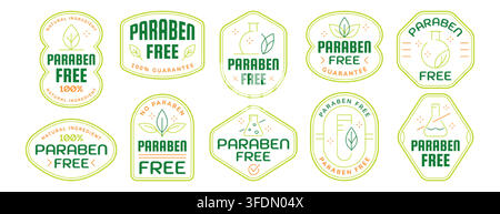 Paraben free badge logo vector set. Non preservatives stamps, toxic and artificial chemicals icon labels for cosmetics packaging design. Emblem or symbol for healthy, safety and eco friendly products Stock Vector