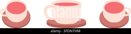 Flat illustration of three soft pink beverage cups with matching saucers arranged in a simple horizontal layout Stock Vector
