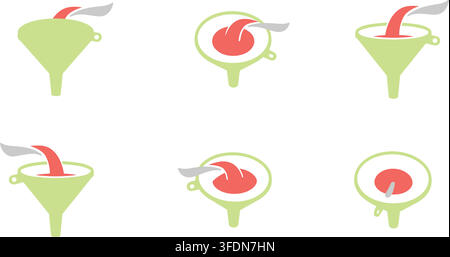 Flat illustration showing green funnel shapes receiving red liquid or food from above in several pouring arrangements Stock Vector