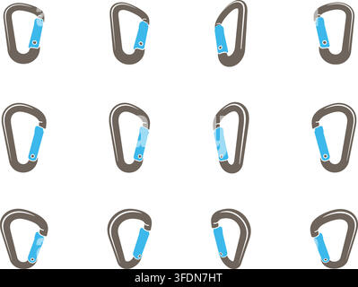 Flat illustration showing multiple gray carabiner clips each with a blue gate section in slightly different shapes Stock Vector