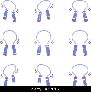 Flat illustration showing several purple jump rope variations with curved motion accents that suggest active skipping Stock Vector